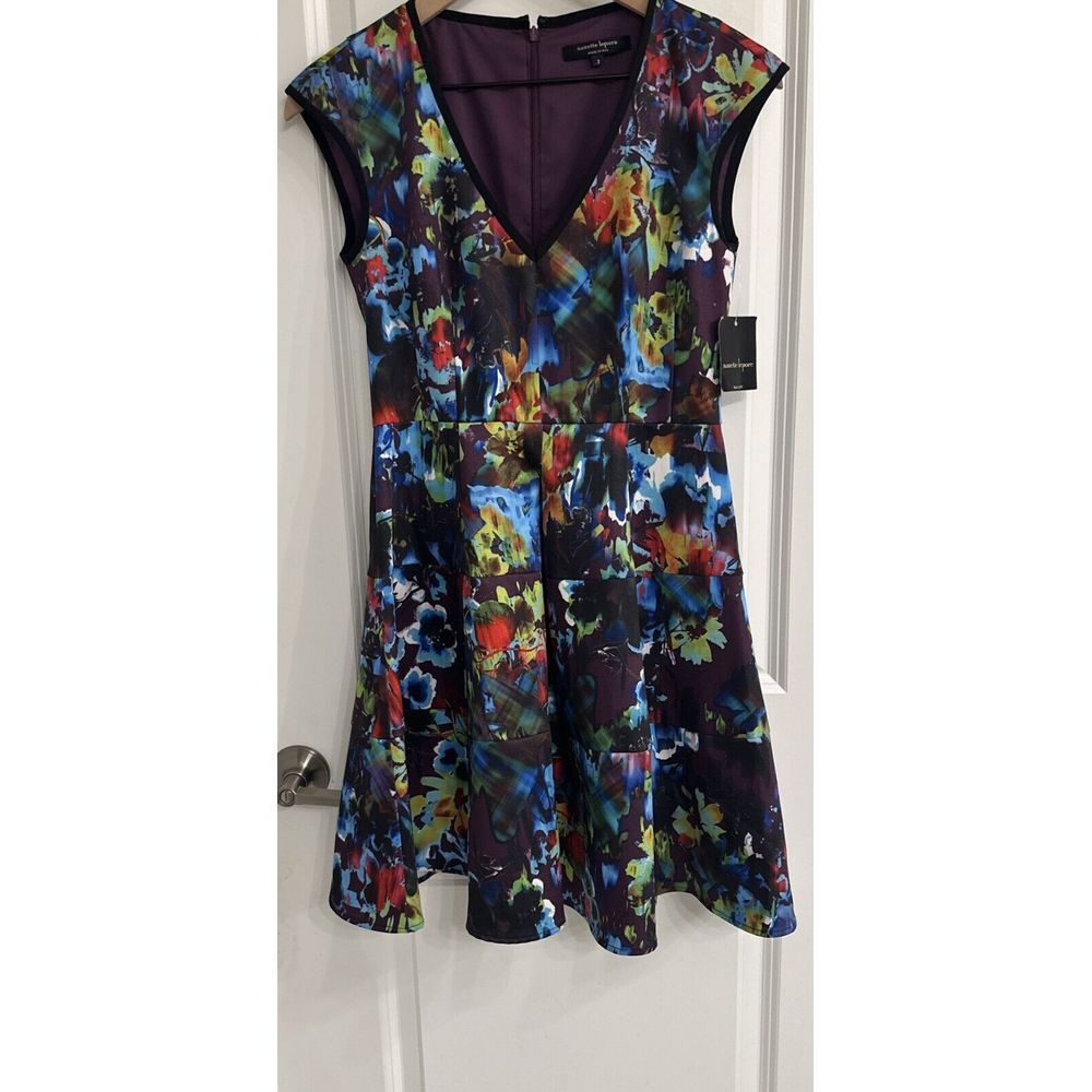 NANETTE LEPORE Painterly Dress Purple Multi Fit & Flare Size 2 Lined V-Neck NWT